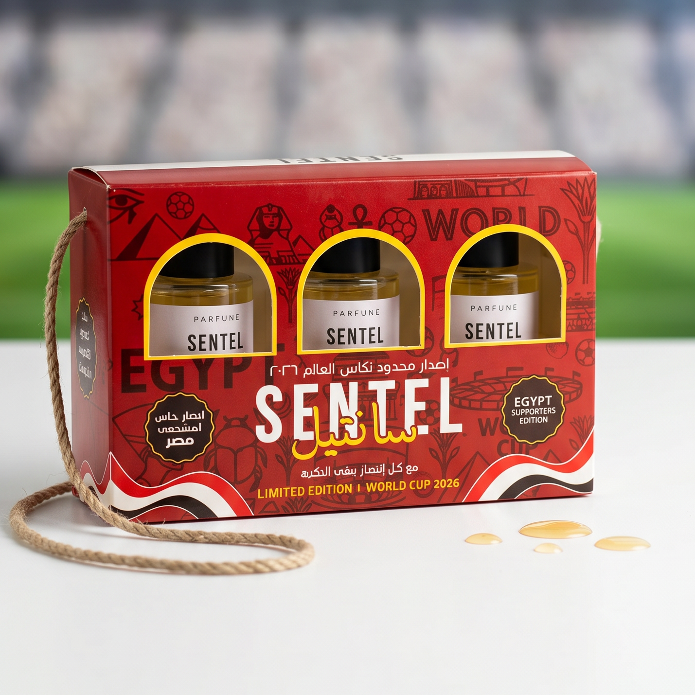 Red box of Sentel wine with stadium in the background